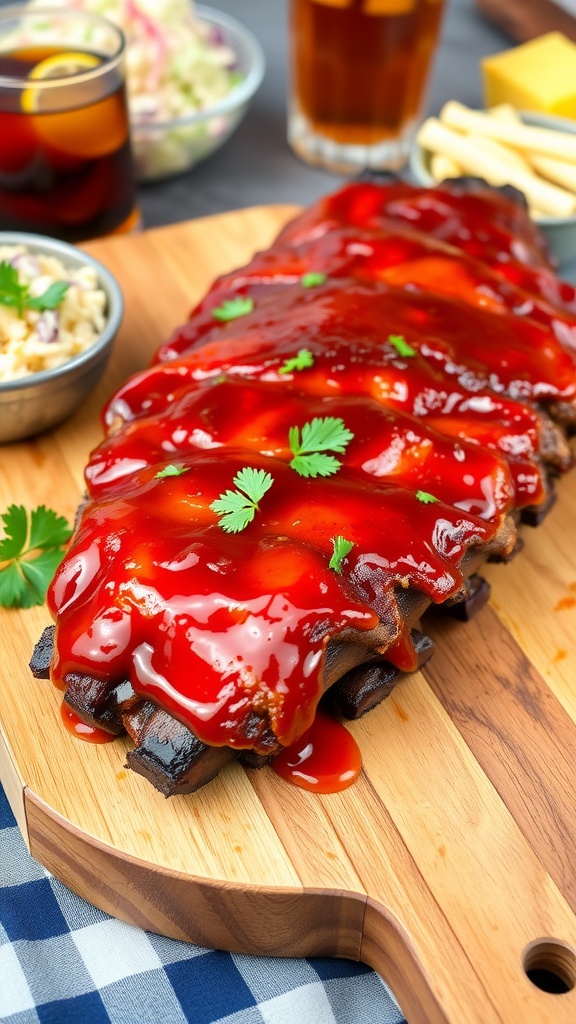 Delicious barbecue ribs coated in sauce on a cutting board with coleslaw and cornbread.